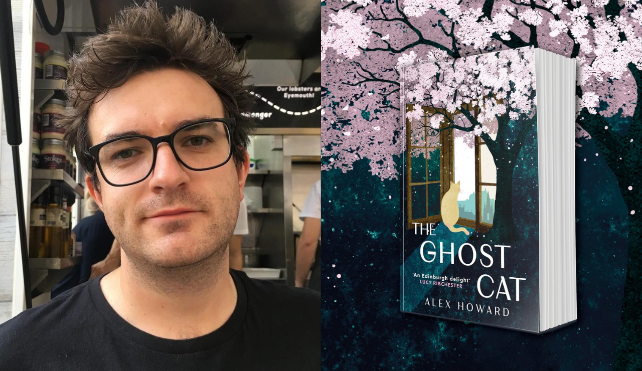 A portrait of Alex Howard and and image of The Ghost Cat paperback, sitting on top of a cherry blossom illustration. On the book, the cat sits on the windowsill looking out of a window with cherry blossom tree framing the window.