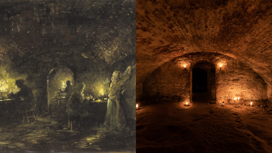 A side-by-side comparison of the rom in the Edinburgh vaults and an illustration of what a leather workshop would have looked like down there. 