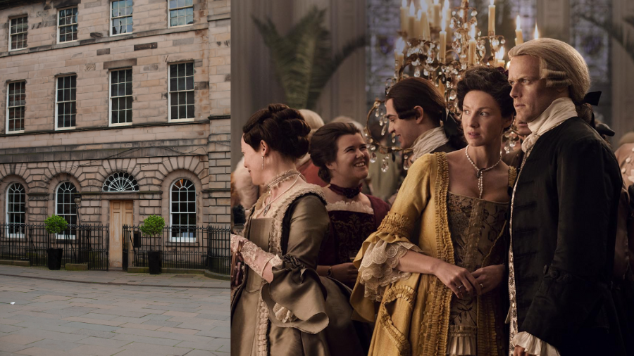 Outlander Edinburgh location, the Signet Library, from the outside and a screengrab of the Outlander series showing the inside.