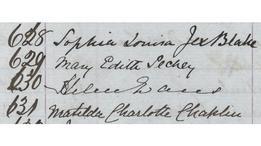 4 signatures of students 628-631: Sophia Jex-Blake, Mary Edith Pechey, Helen Evans and Matilde Charlotte Chaplin in the university roll.