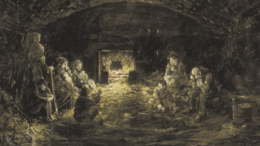 An illustration of a family huddling together in a room of the Edinburgh underground vaults.