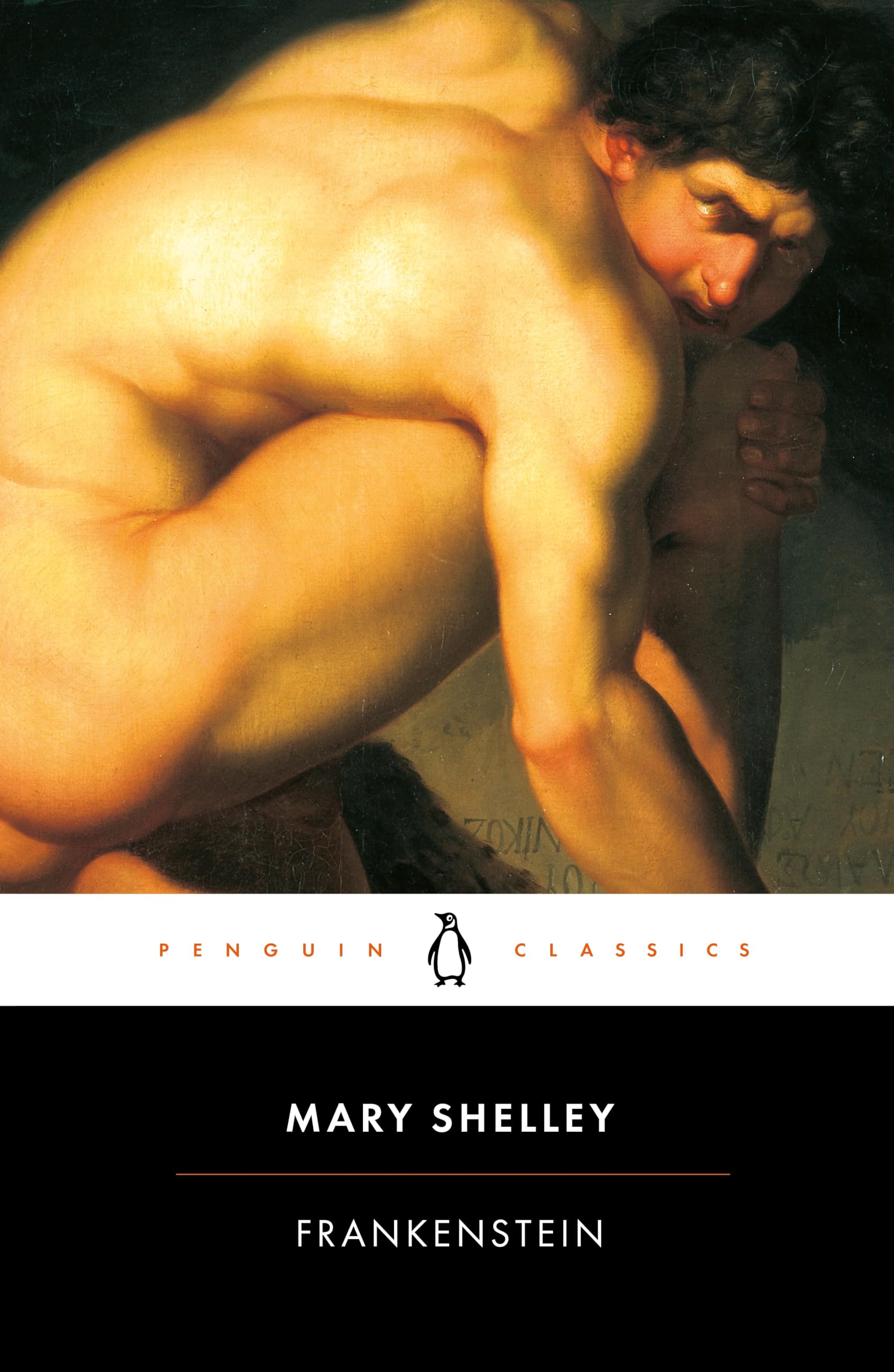 The Penguin Classics cover of Frankenstein, depicting Frankenstein’s Creature cowering.  