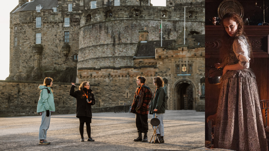 A Mercat Storyteller leading a group on a history tour of Edinburgh and a screengrab of Geillis Duncan from Outlander.