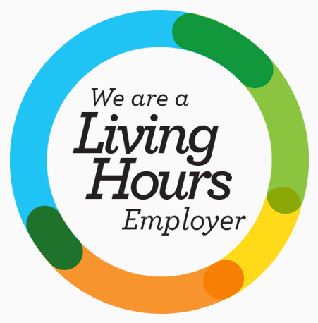 A graphic that reads 'We are a Living Hours Employer' in black text inside a circle coloured blue, green, yellow and orange.