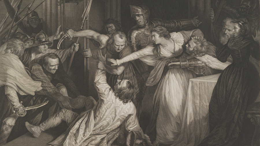 A black and white illustration of Mary Queen of Scots being restrained as a group of men attack David Rizzio at Holyrood Palace in Edinburgh.