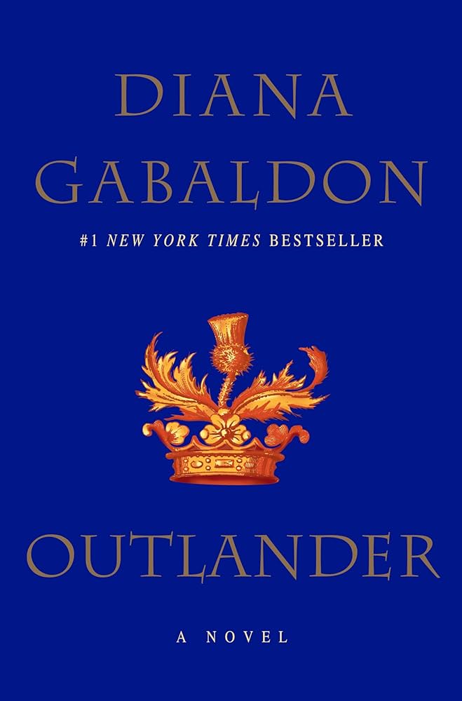 The cover of Outlander by Diana Gabaldon, a thistle on a blue background. 