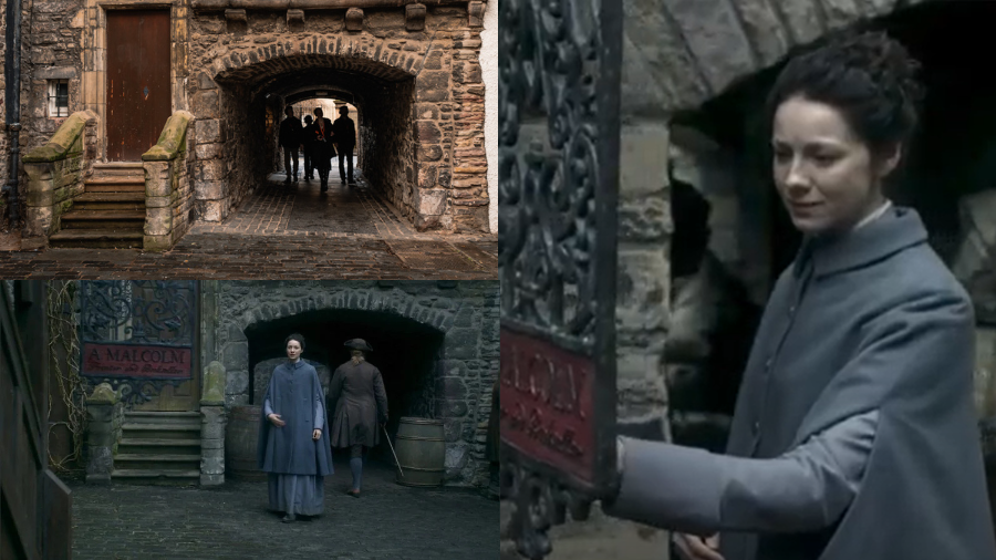 A Mercat Storyteller leading a group on an Outlander tour of Edinburgh and two screengrabs of the Outlander series showing Claire walking through Bakehouse Close in a blue dress.