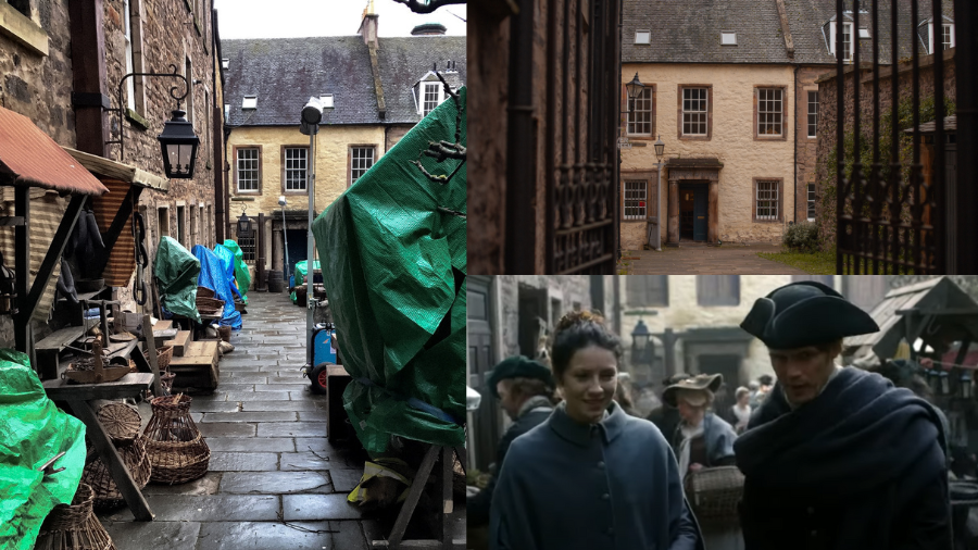 Tweeddale Court, a photo showing the court dressed as an 18th-century set for Outlander, and a screengrab showing Claire and Jamie walking through Tweeddale Court.