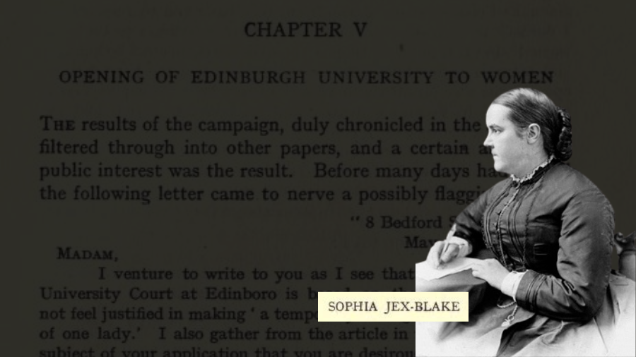 A black and white photograph of Sophia Jex-Blake sitting down, overlaid on top of a page from the book ‘The Life of Dr Sophia Jex-Blake.’