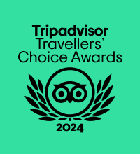 A green graphic with black text that reads 'Tripadvisor Travellers' Choice awards' and below the Tripadvisor logo and year 2024.