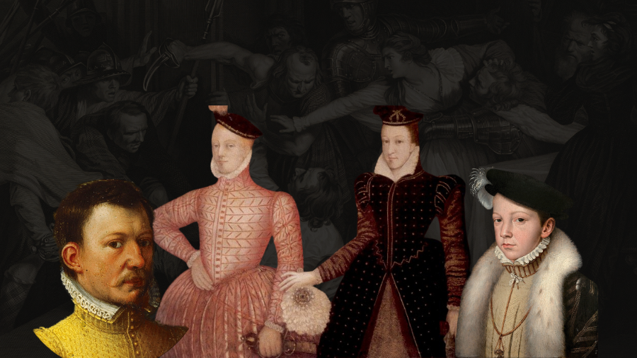 Against a background illustration of the murder of David Rizzio, portraits of the Earl of Bothwell, Lord Darnley, Mary Queen of Scots, and Francis II of France. 