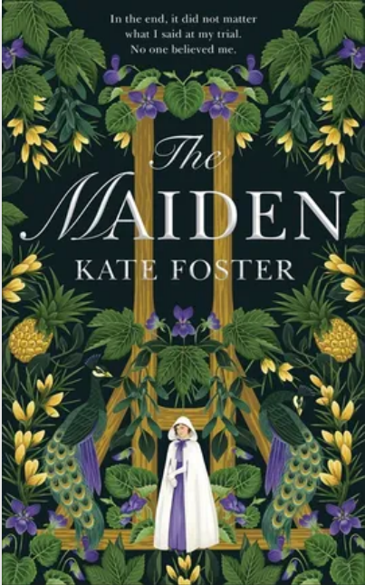 The cover of The Maiden by Kate Foster, depicting the White Lady of Corstorphine standing in front of the Scottish guillotine, the Maiden. 